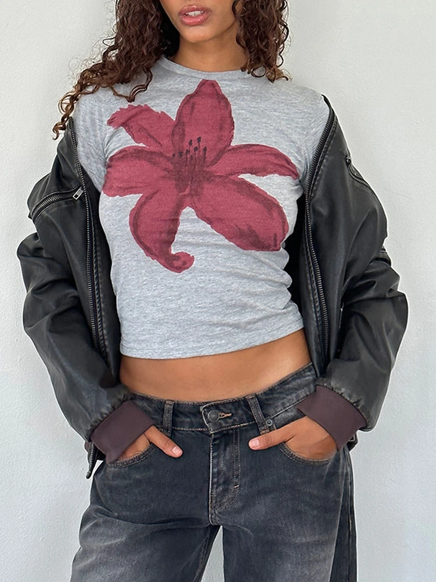 2024 Early Autumn Women's Slim Flower Print Tops Y2K Girl Round Neck Long Sleeve Casual Pullover T-shirt for Spring Streetwear