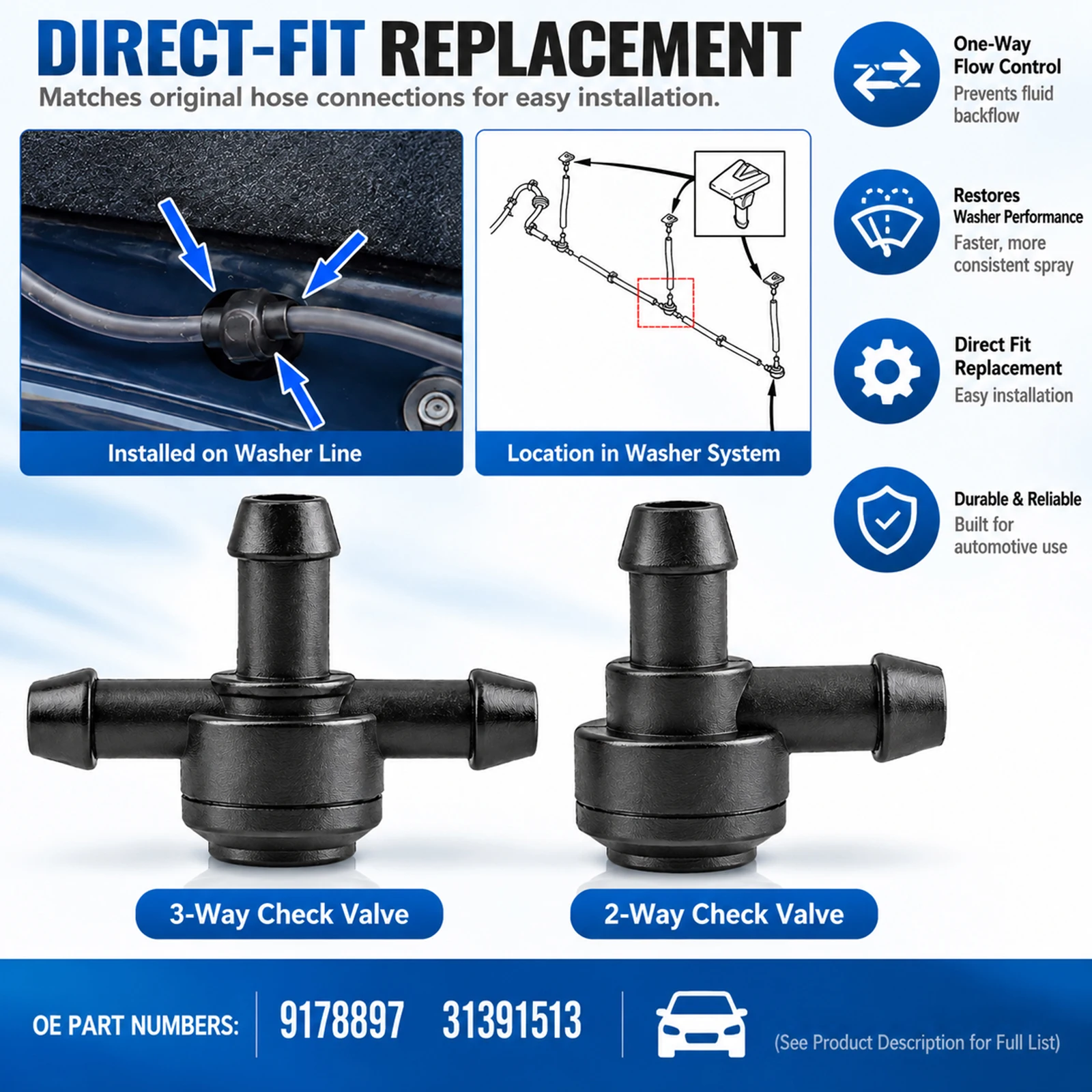 Pair 2 & 3 Way Windshield Washer Check Valve T Piece Connector For Volvo V70 S60 XC60 XC70 C30 V50 S40 XC90 S80 S70 C70