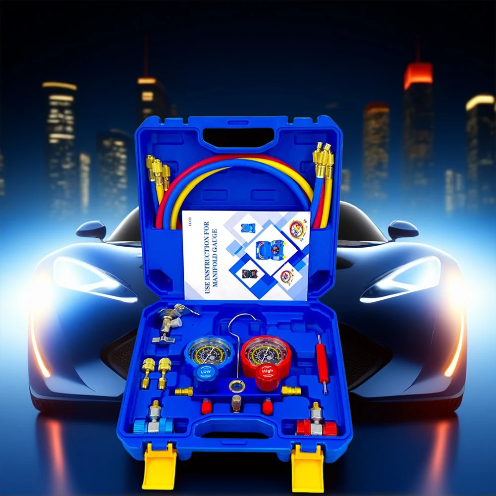 

3-ходовой набор манометров переменного тока со шлангами 1,2 м Набор диагностических манометров переменного тока для R134A/R22/R410/R404 Инструмент для зарядки фреона