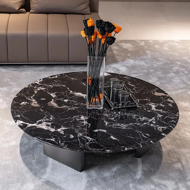 & Light-luxury Minimalist Coffee Table Metal Frame Natural Marble Black Rose Motif Modern Design Living Room Designer-grade Luxu