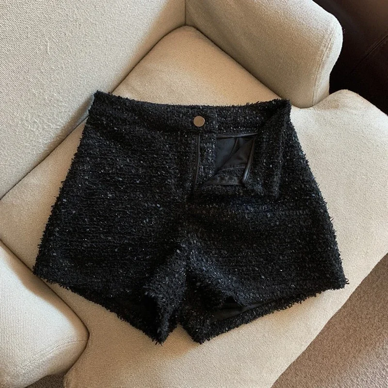 Mexzt tweed shorts feminino elegante cintura alta perna larga shorts senhora do escritório coreano branco preto casual todos os jogos chiques calças curtas novo