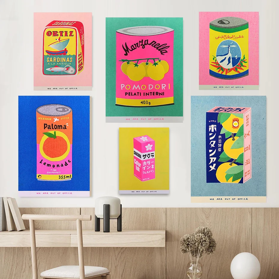 

Japanese Pink Cherry Blossom Ink Canned Sardine Tomato Wall Art Canvas Painting Picture Posters and Print for Kitchen Home Decor