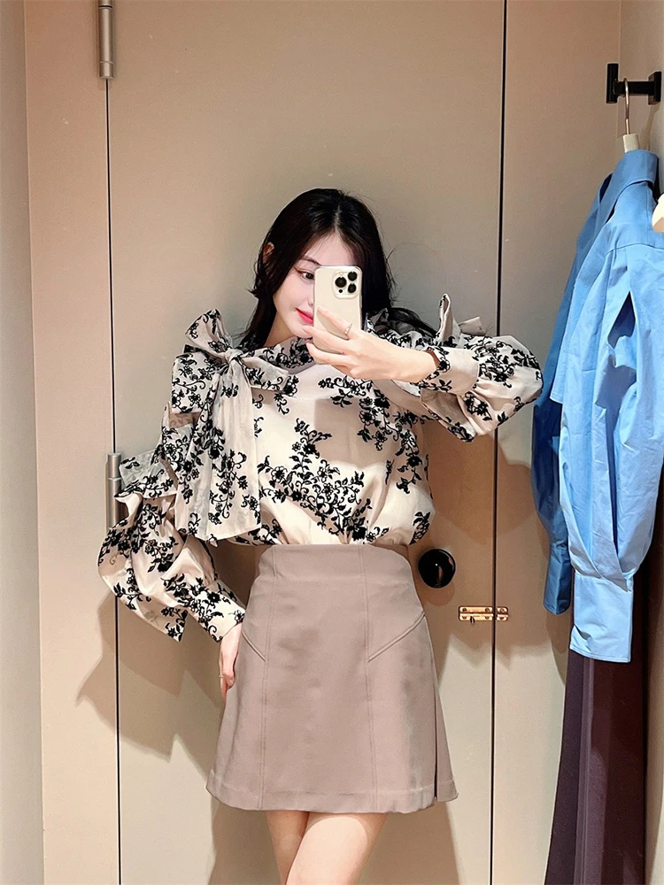 

Ele Lady Floral Knot Belted Hem irt Top New Autumn Winter Commute Sle Long Sve Printed Stand Collar