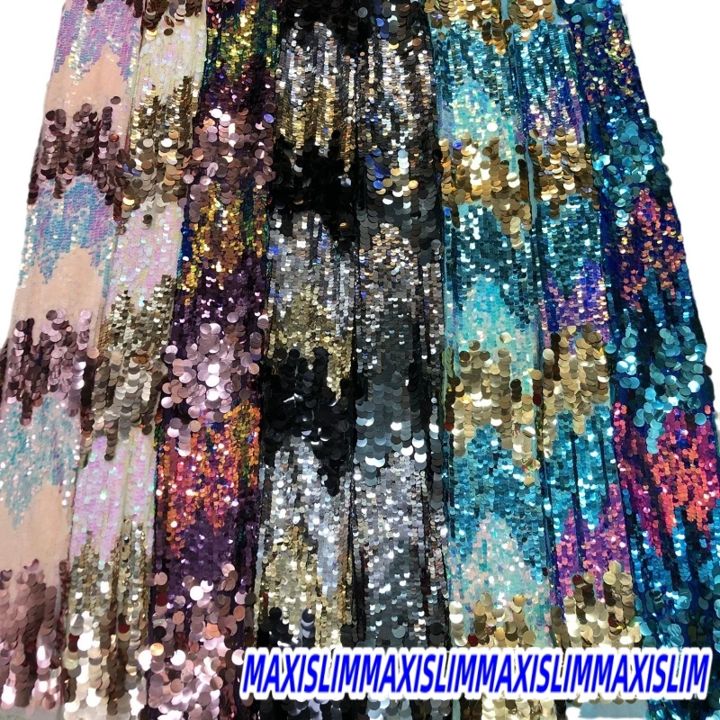 Wholesale 9+9+18MM Sequin Fabric Wedding Dress Stage Performance Clothing Fashion Mesh Embroidery Sequin Fabric Width 125CM