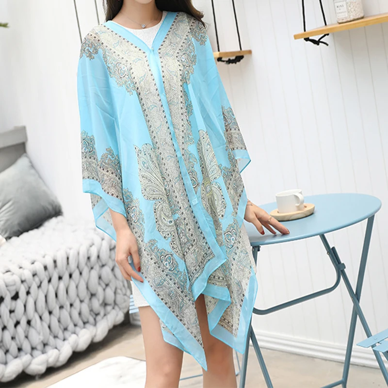 Fashion Woman Chiffon Blouse Swimsuit Sarong Printed Sunscreen Shawl Soft Loose Bikini Cover Up Beachwear Beach Accessories