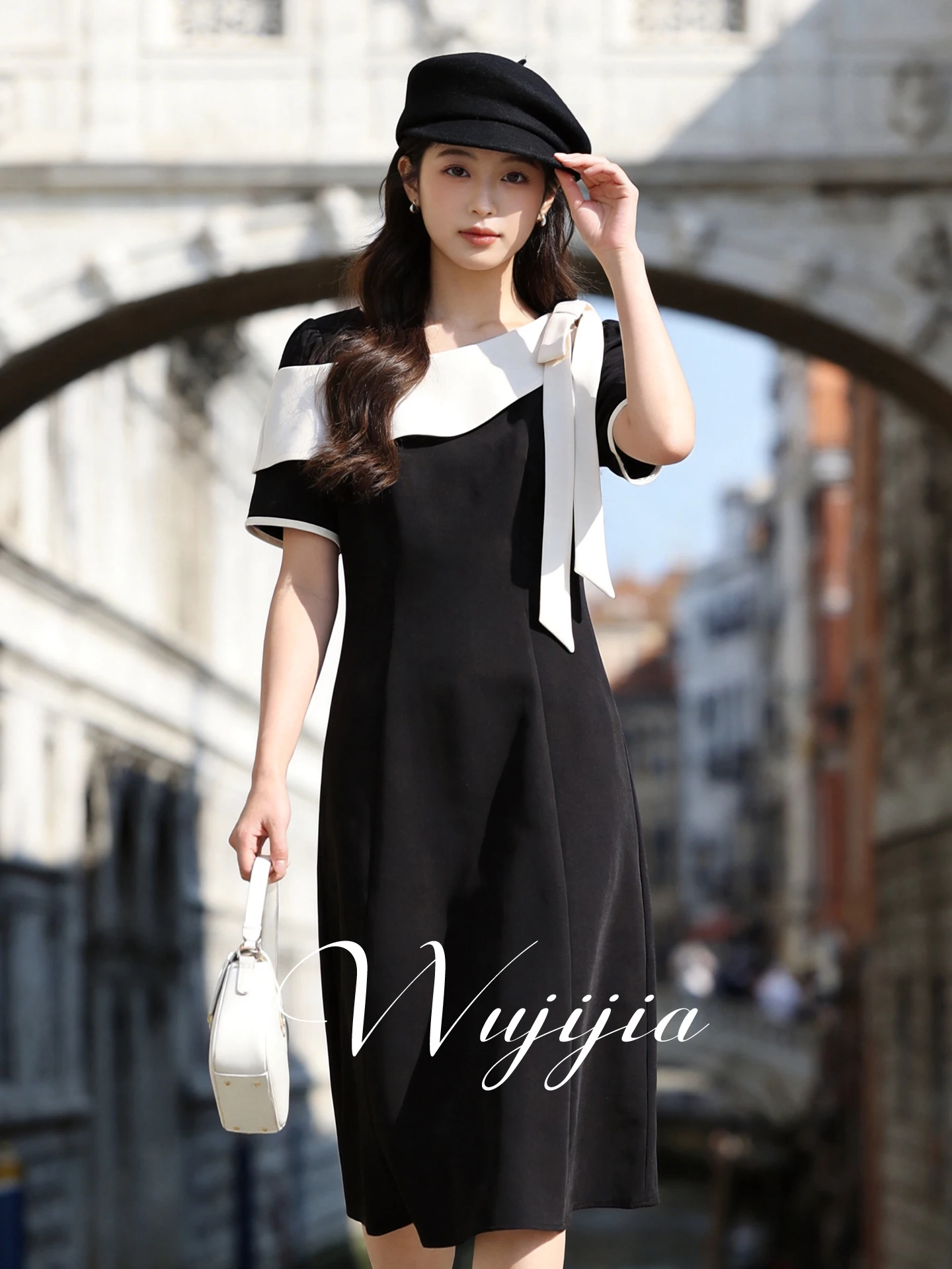 

Slimming A-Line Dress Women's plus Size Summer New Color Block Sash Waist in Korean Style Polyester Fiber Short Sleeve Midi D...