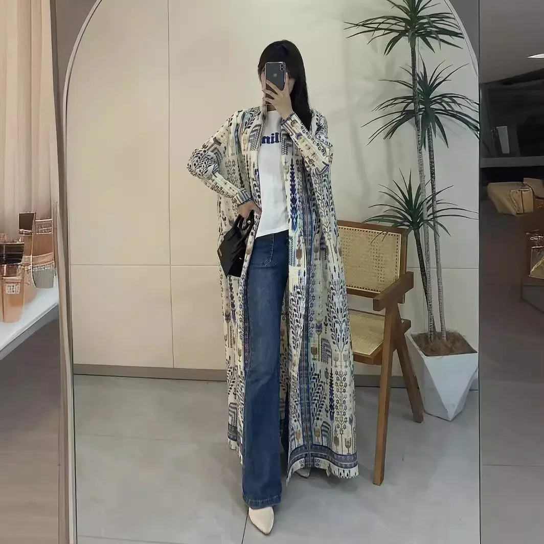 

Женское платье с поясом миаке, плиссированное платье с отложным воротником и длинным рукавом, Свободное пальто с винтажным принтом, 2024