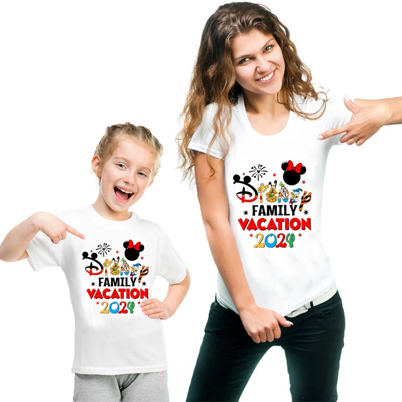 Disney Family Matching Outfits 2024 Vacation Trip T-shirts Cartoon Cute Family Look T shirt Dad Mom Bro Sis Clothes Baby Romper