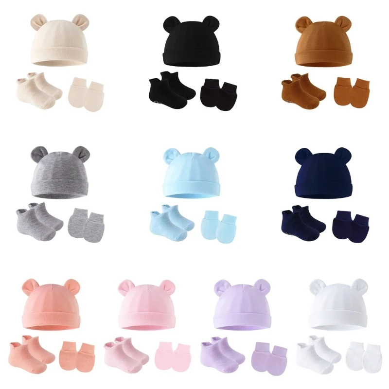 3Pcs/set Newborns Baby Mittens & Turban Hat with Socks, Cotton Gloves & Hat Enjoy Warmth and Protections for Infants