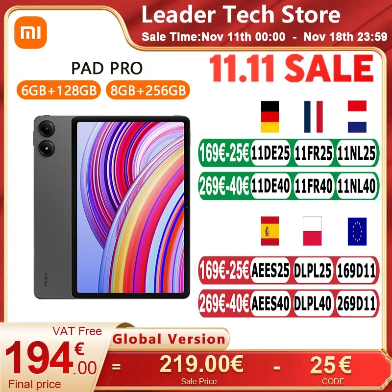 Xiaomi Redmi Pad Pro Global Version 6GB+128GB 8GB+256GB Snapdragon 7S Gen 2 12.1'' 120Hz Display 10000mAh Battery