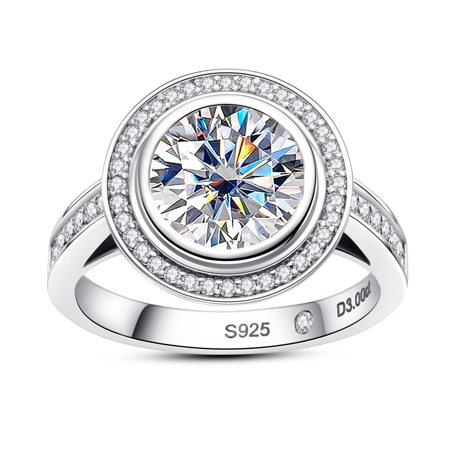 Carnica 9mm 3CT Stone Real Moissanite Ring for Women 100% S925 Sterling Silver Sparkling Wedding Band GRA D Color Diamond Gift