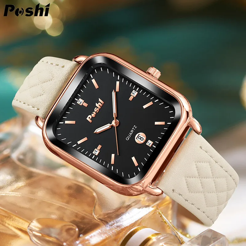 女性用スクエアクォーツ時計,高級時計,レザーブレスレット,カレンダー,耐水性,ギフト