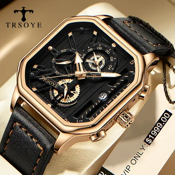 

Trsoye 6604 Fashion Square Dial Leather Mens Watches Luxury Sport Waterproof Watch Man Chronograph Quartz WristWatches Homme+Box