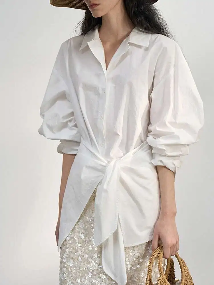 KWTX Fashion Designer Bandage Gathered Waist Shirts For Women Lapel Single Breasted Fit Female Blouses Fashion Tops 2025 New