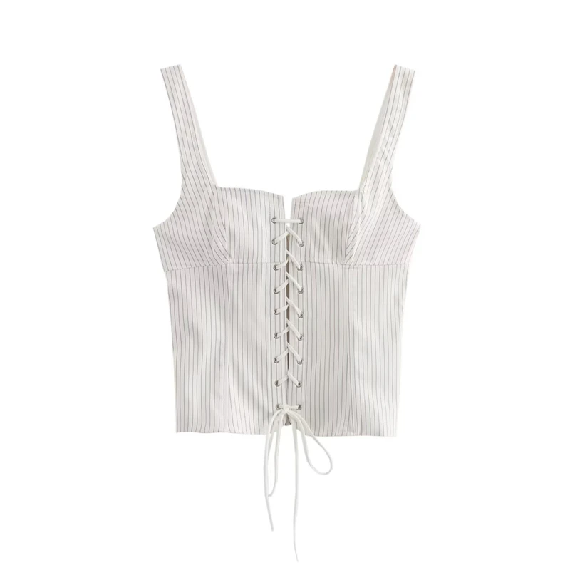 

Summer Women's Striped Corset Tops 2024 New Casual Fashion Lace-Up Slim-Fitting Suspenders Sleeveless Tops