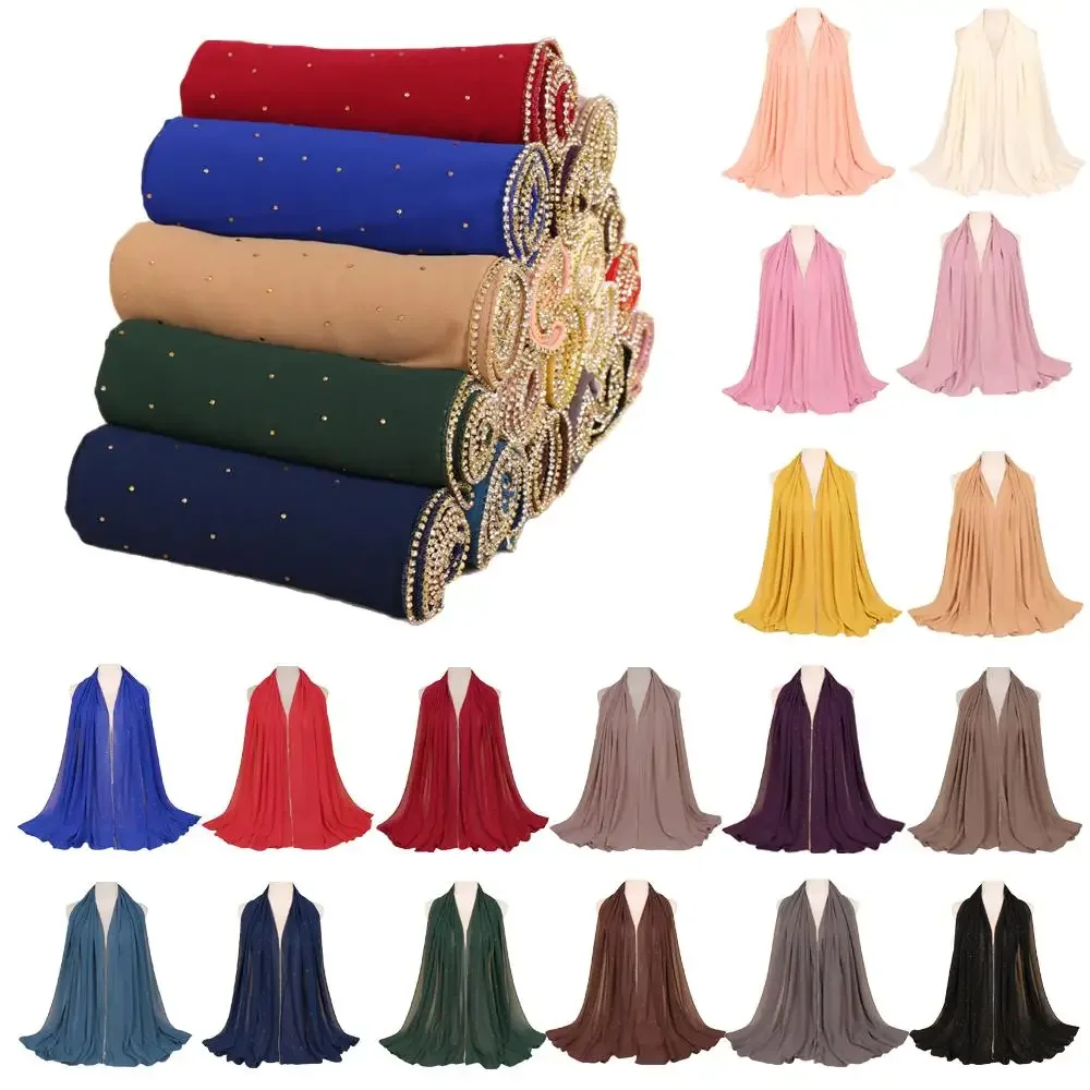 Muslim Women Plain Rhinestone Chiffon Hijab Maxi Scarf Islamic Long Shawl Head Wrap Pashmina Femme Turban Scarves Stoles 19Color