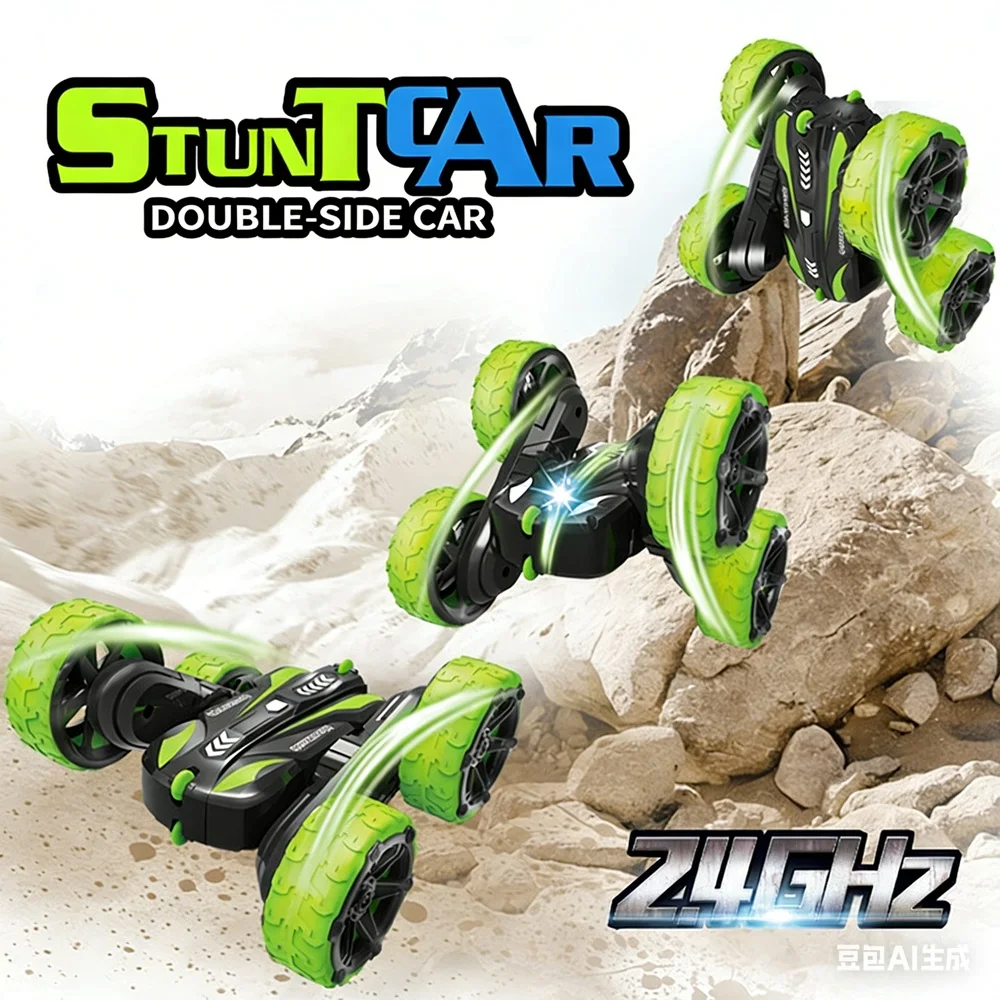 Remote Control Car 24GHz RC Stunt Car 360 Flip Double Sided Off Road Toy Car LED Light Battery for Kids Boys Birthday Gift Green