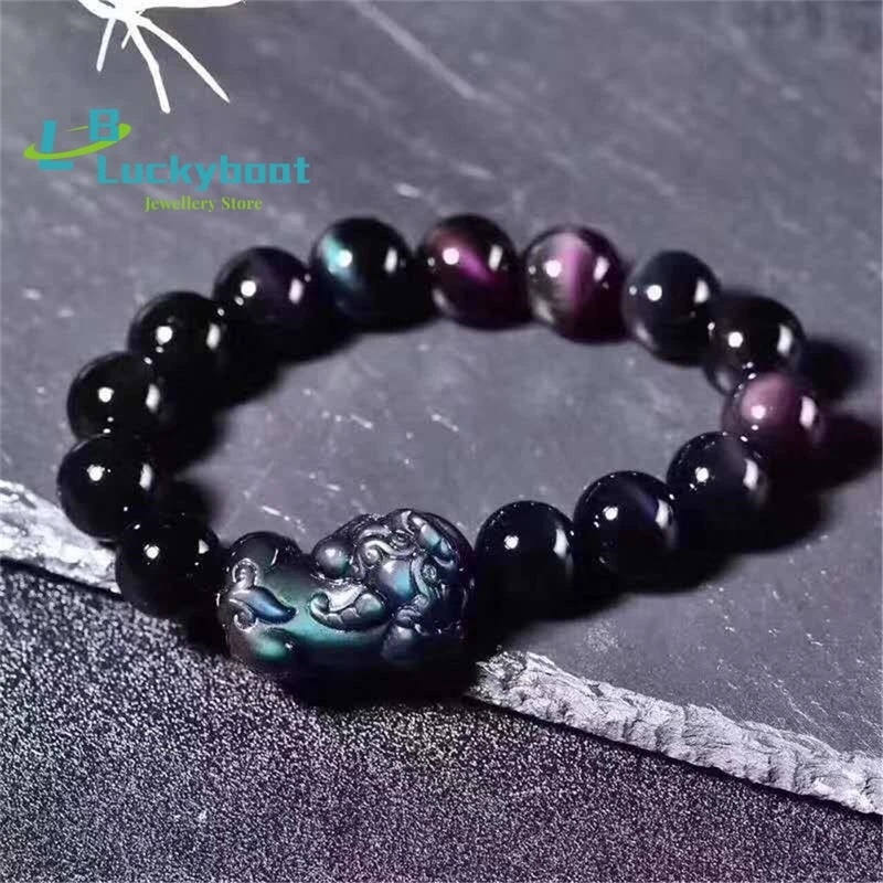 Men\'s Pixiu Bracelet Attract Wealth Transfer Luck Women Buddha Beads 3A Natural Rainbow Eye Obsidian Stone Bracelet Dropship