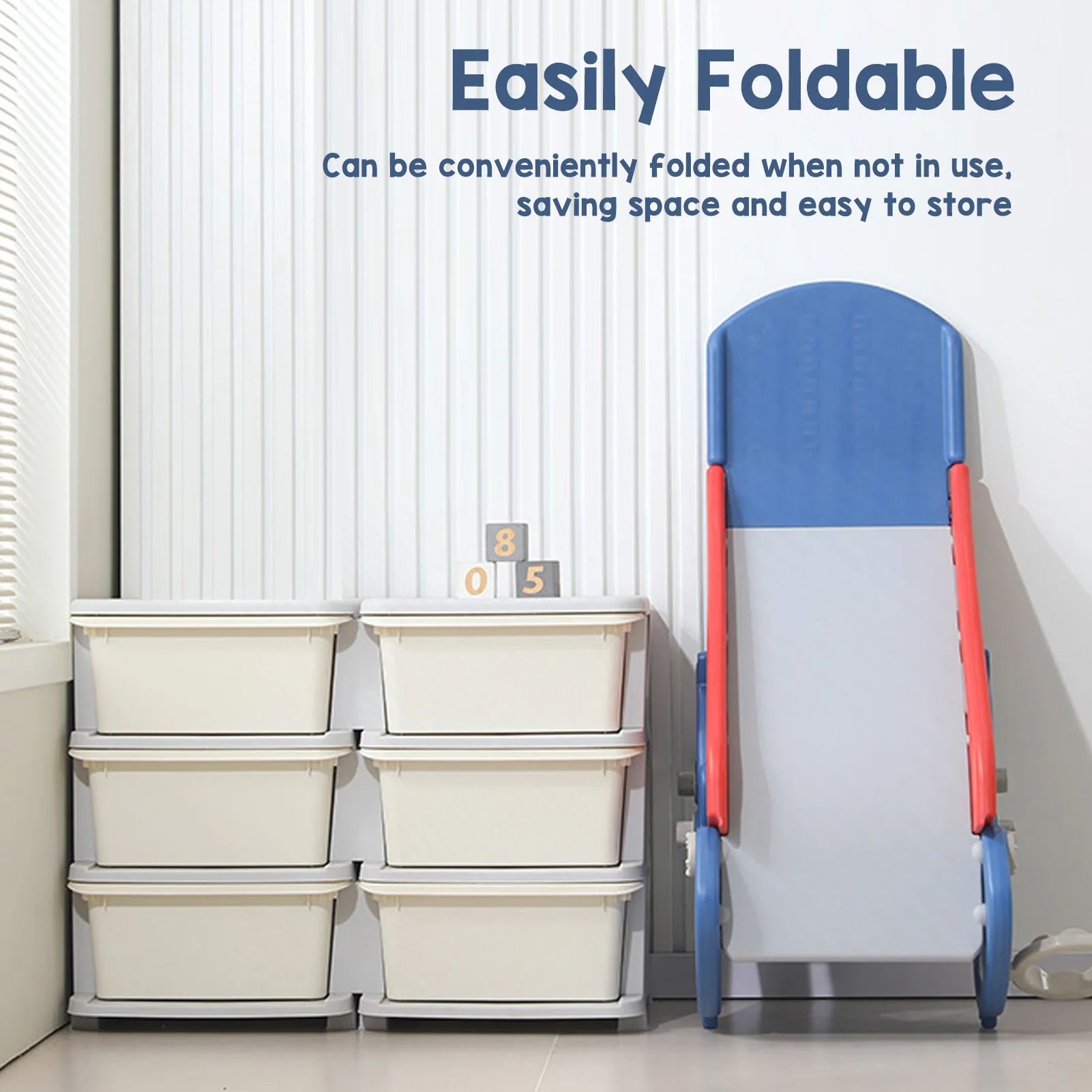 屋内用折りたたみ式滑り台、青色、簡単組み立て、バスケットボールフープ付き階段、0歳から3歳まで、裏庭用