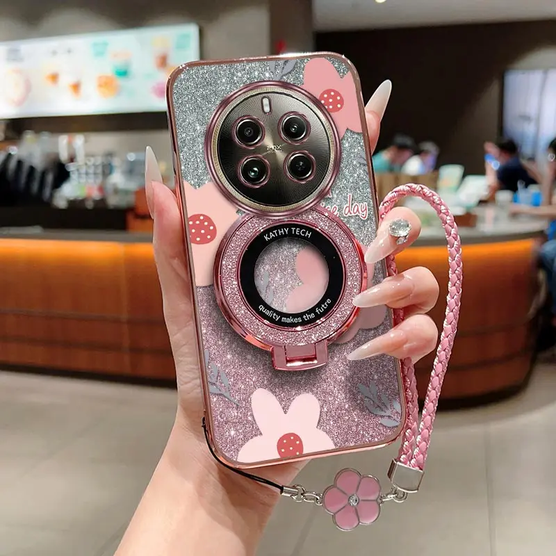 12Pro Pink flowers Plating Bracelet Holder Phone Case For Realme 13Pro 11 8Pro 12 9 10 12Pro 7 V25 11Pro V13 8 9Pro V11 Cover