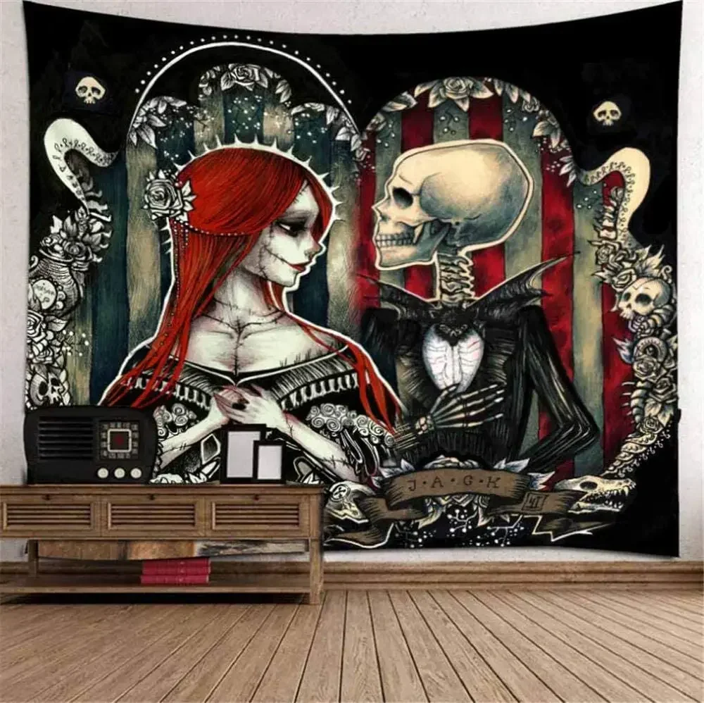 

Gothic Couple Tapestry Hippie Abstract Art Skull Horror Psychedelic Mandala Love Decoration
