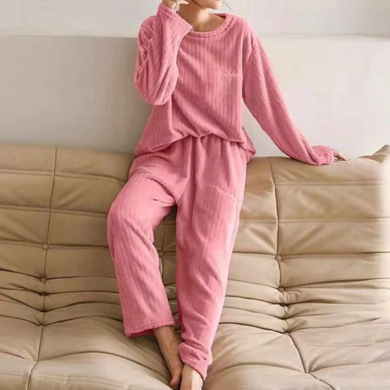 New Women Pajama Trousers Sets Loose Top Elastic Waist Wide Leg Pants Winter Fleece Homewear Sweet Bow Outfit Autumn Sleepwear