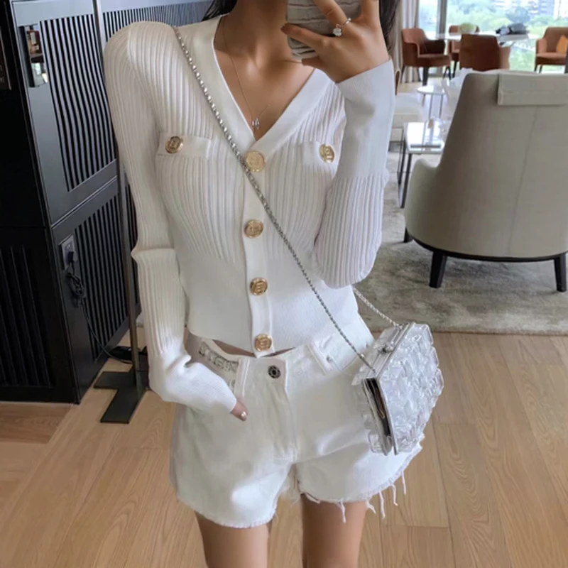 V Neck Fashion Cardigan Women Sweater New Elegant Long Sleeve Buttons Knitted Tops Lady Cardigans Slim Fit Casual Autumn Clothes