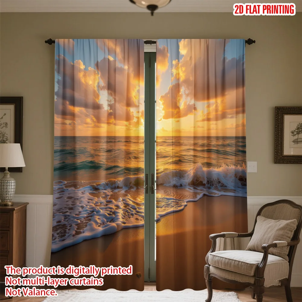 

2D flat printing 2pcs Drapes Golden Sunset Beach Digital Printed Polyester Drapes All Season Party & Holiday Decor Perfect for