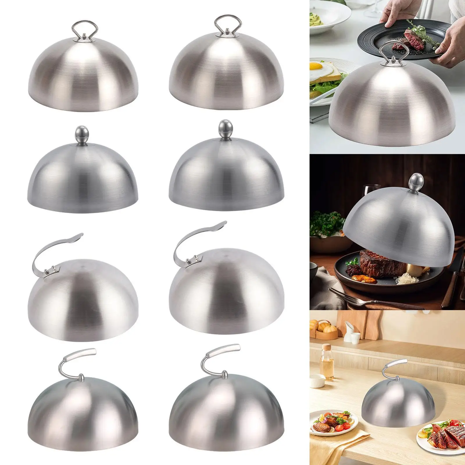 Penutup Pengoles Baja Tahan Karat Universal dengan Pegangan Penutup Debu Piring Penutup Burger Kubah untuk Steak Barbekyu Steak Dapur Memasak
