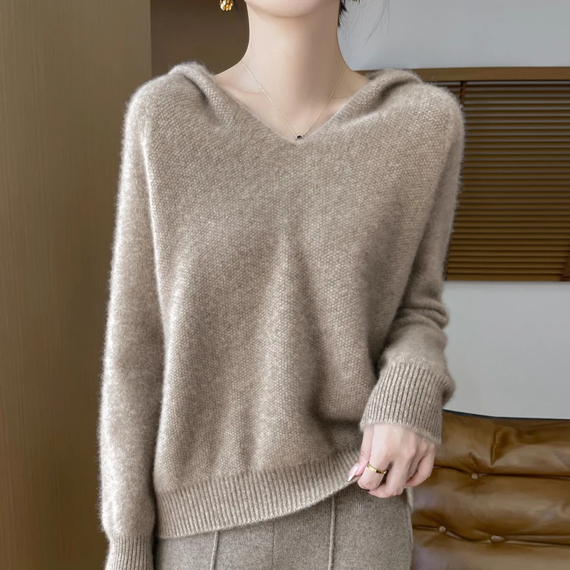 New 100% Merino wool hoodie Autumn-winter new cashmere sweater women's V-neck hoodie warm bottom knit shirt top