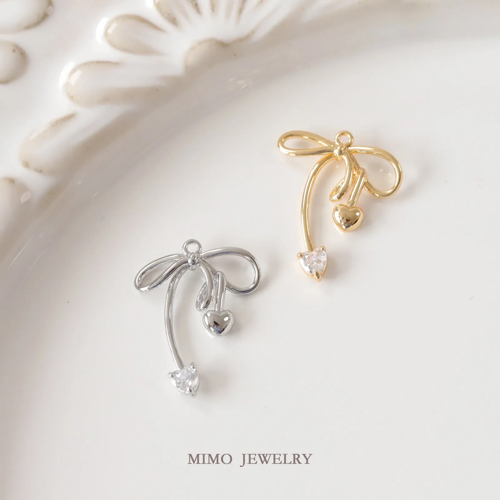 Sweet and Cute Ribbon Love Zircon Bow Charms Pendant Supplies DIY Hand Brass Gold Plated Accessories 20x24mm