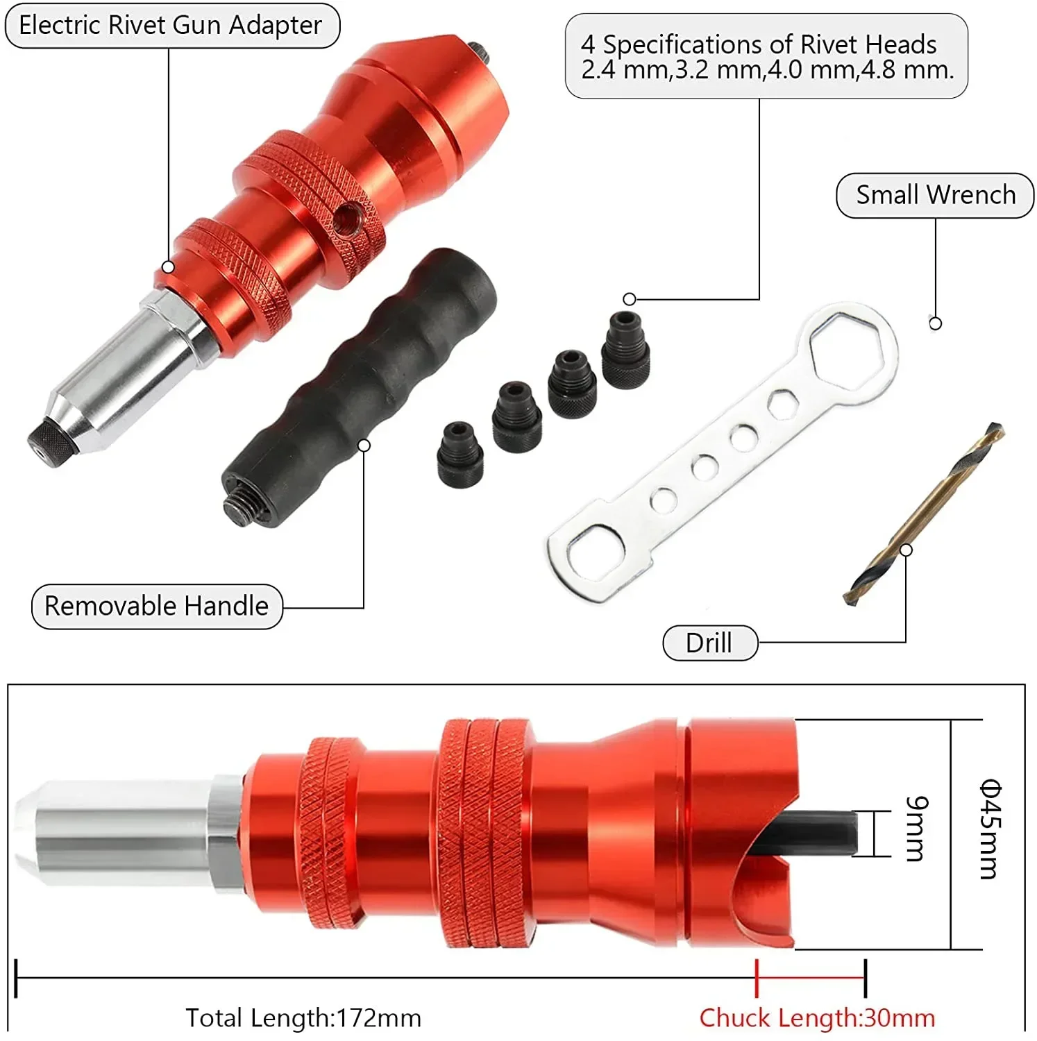 Pistolet à riveter électrique sans fil, outil de rivetage, insert d\'écrou, nervure, pistolets de rivcirculation, adaptateur de perceuse, 2.4mm-4.8mm