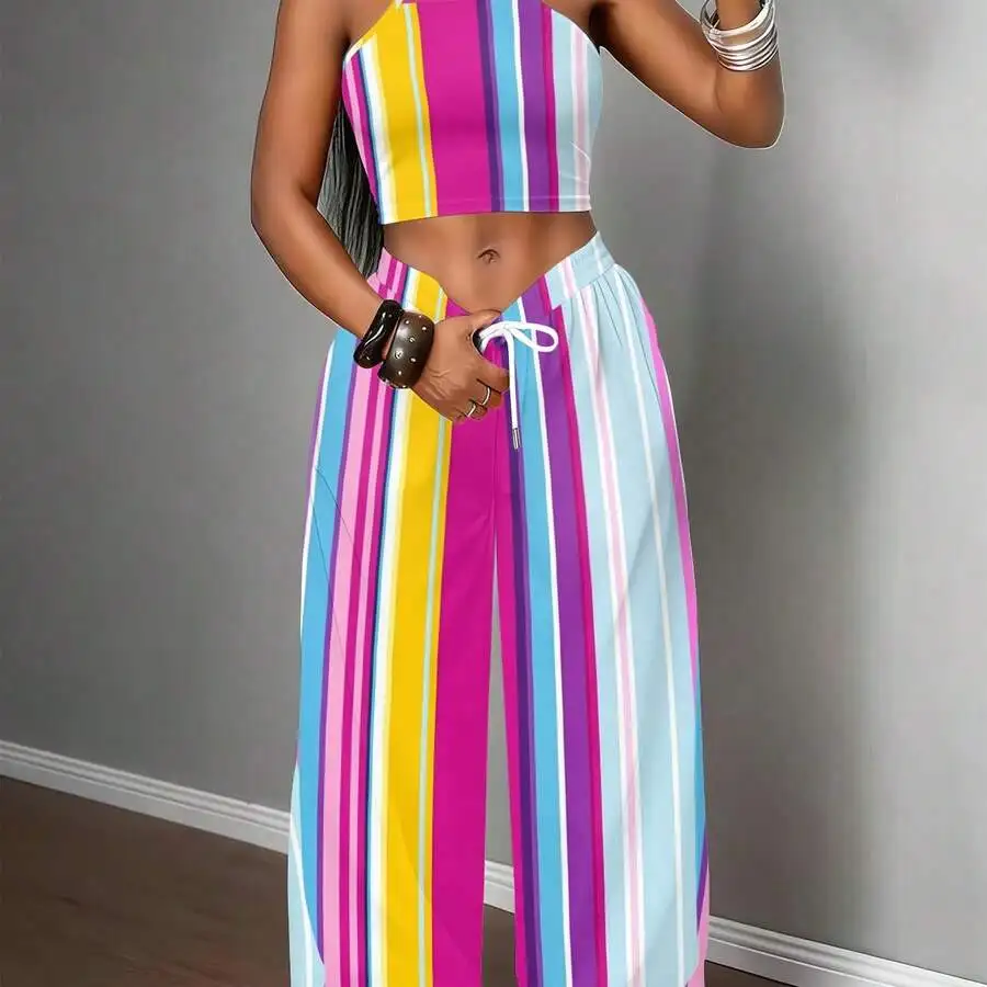 

Colorful Vertical Stripes Womens Tank Top And Pants Set Casual Summer Outfit Soft Comfortable Fabric