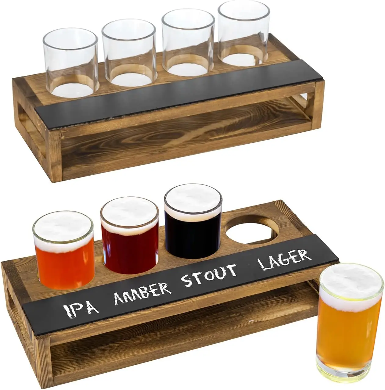 

Rustic Dark Brown Wood Beer Flight Tray with 4 Glasses and Chalkboard Label, Set of 2