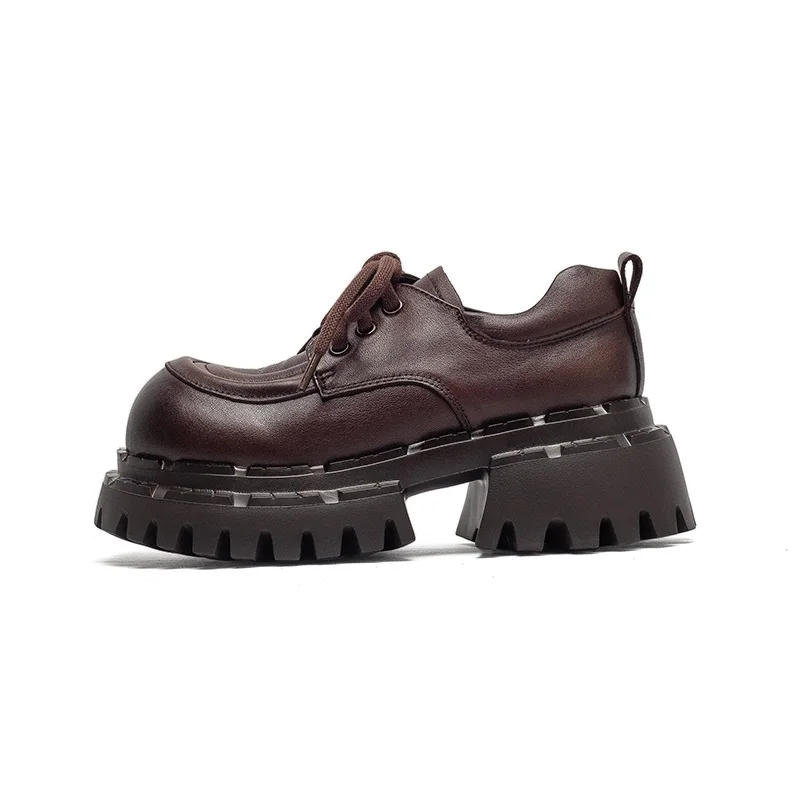 DRKANOL 2026 Women Chunky Platform Shoes Handmade Retro Literary Style Genuine Leather Big Toe Thick Heel Casual Single Shoes