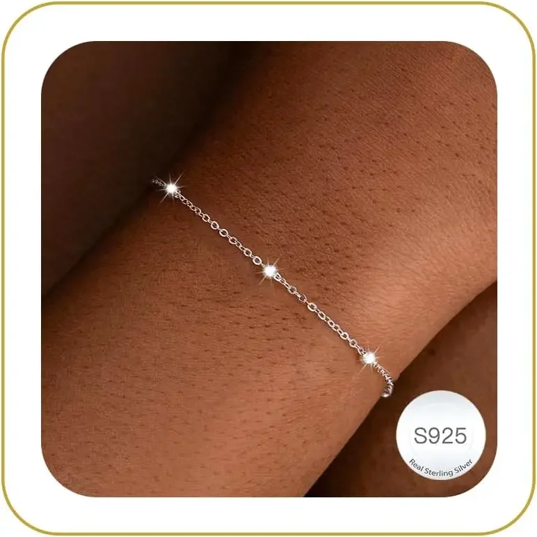 

925 Sterling Silver Bracelet 3mm Bead Link Chain Bracelet for Women Simple Dainty 16K Gold Bracelet