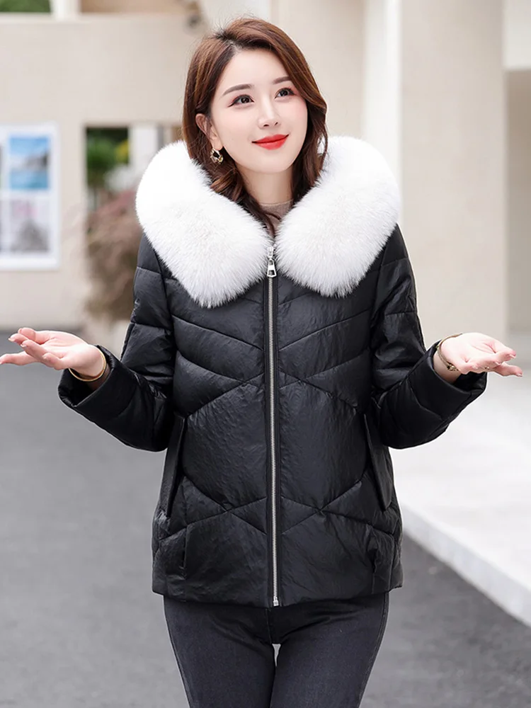 Nouveau Femmes Cuir de mouton Veste en duvet Hiver Mode Chaleur Capuche Col en fourrure de renard véritable Duvet de canard Manteau en cuir Loose Épais Manteau de dessus