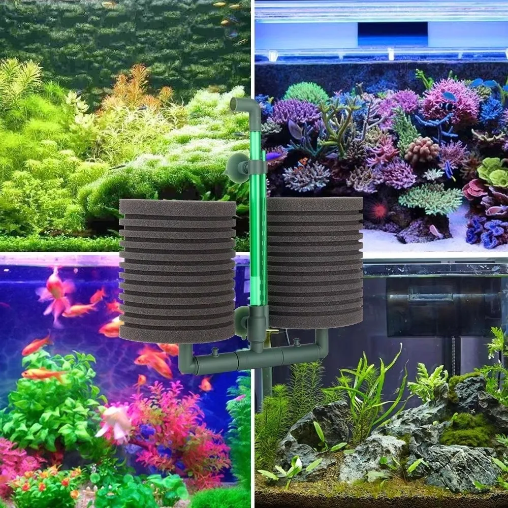 Double Head Fish Tank Pneumatic Filter Silent Pneumatic Bio Sponge Filter 360° Rotatable Wall-mounted