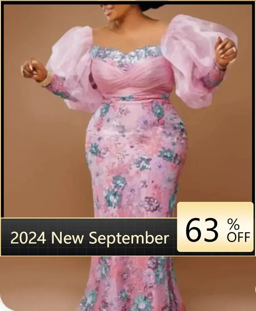 

African Wedding Party Dresses for Women Autumn Africa Elegant Long Sleeve Pink Evening Long Robes African Gowns African Clothing