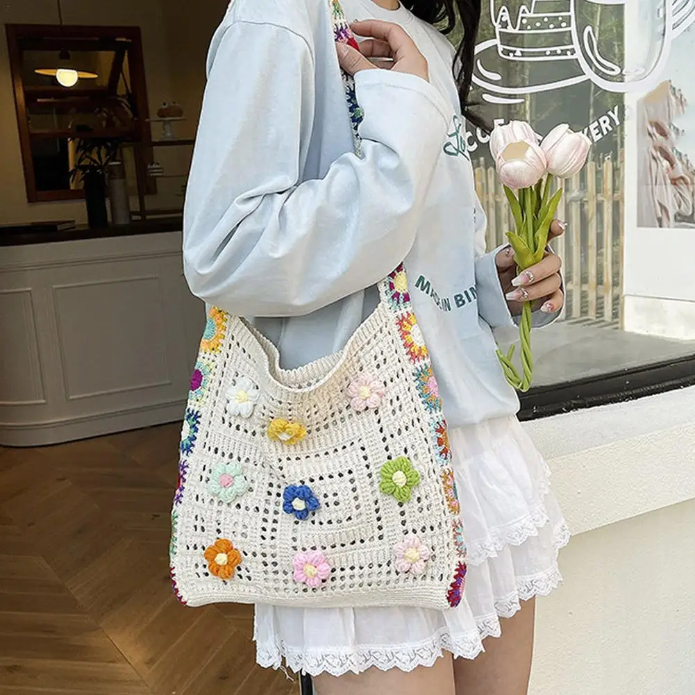 

Flowers Knitted Handbag Light Commuter Ladies Handbags Casual Hollow Design Girls Underarm Beach Tote