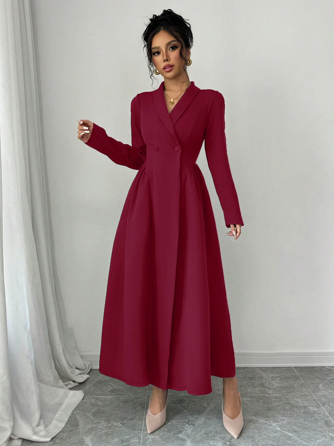 

Elegant Burgundy Blazer Maxi Dress Notched Lapel Collar Long Sleeve Button Details ﻿Formal Dresses for Woman Party Wedding