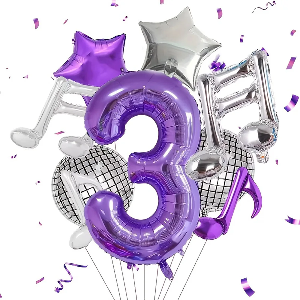 9-teiliges Pop-Musik-Party-Ballonset, 32 Zoll Lila Digitalzahlen 0-9 & Disco 4D Ballon & Silber-Lila Musiknoten & Stern-Ballons – Detail 4
