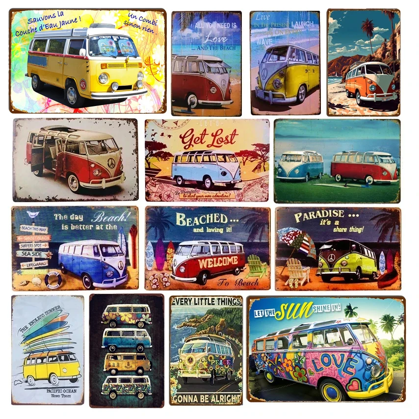 Letrero Metálico Vintage de VW Bus, Decoración Retro de Pared con Diseño de Camioneta Surf para Hogar, Bar, Cafetería y Garaje