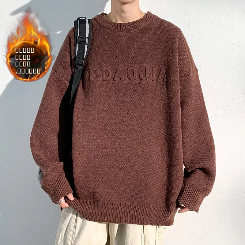 

Men's Winter Thiened Fce Lined Loose Fit round Ne Knitwear Casual American Retro Base irt Teenage Lazy Sle Sweater