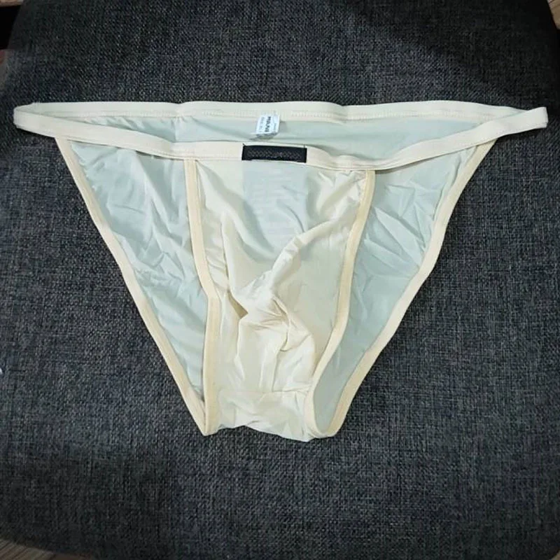 Sexy Men's Ice Silk Underwear Ultra-thin Silky Smooth Panties Low Waist Seamless String Bikini Convex Pouch LGBT Briefs