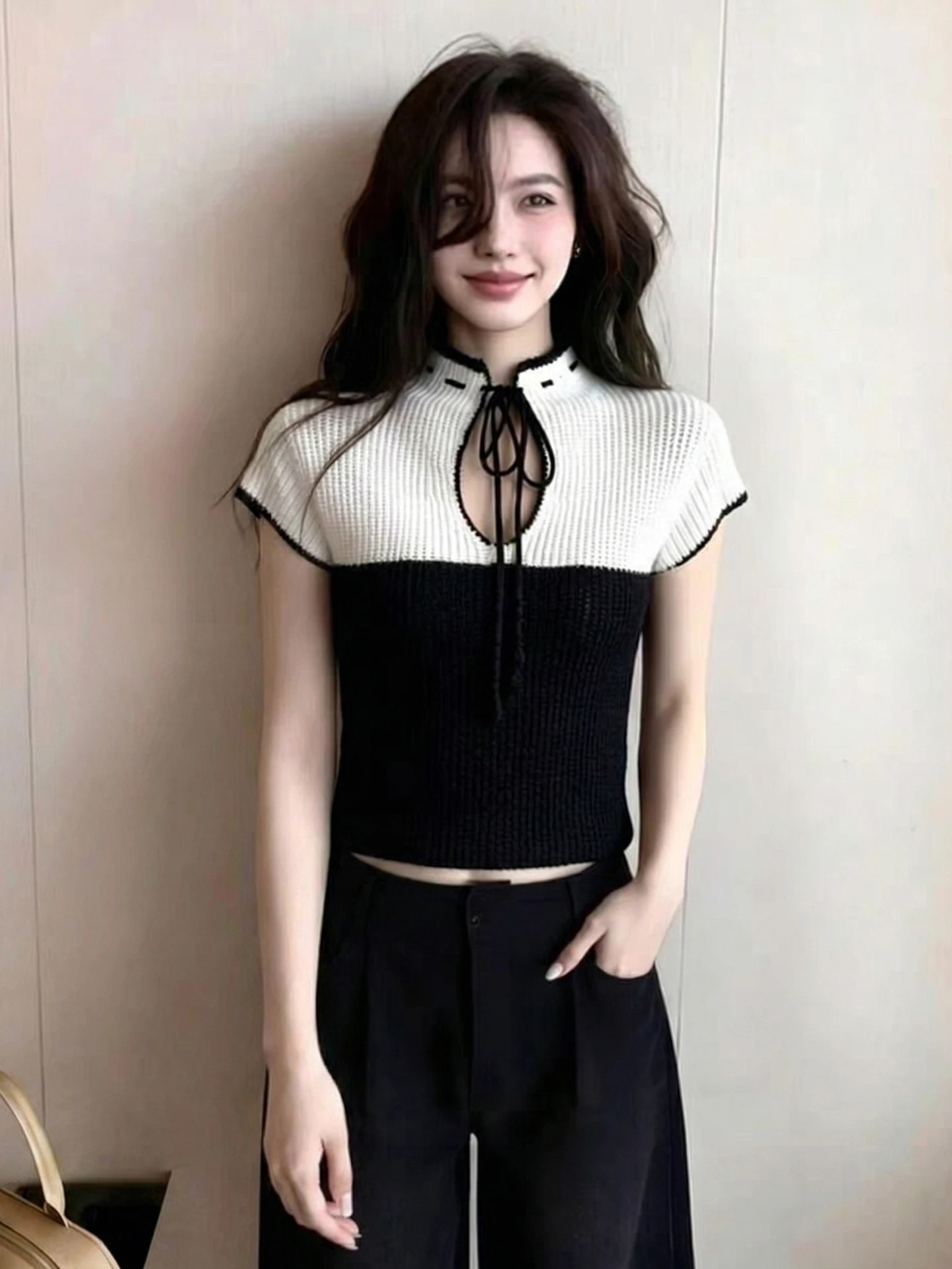 

Chic Short Sleeve Knitted Sweater Color Block Trendy Summer Fashion Slimming Unique Style Commute Korean Style High Waist