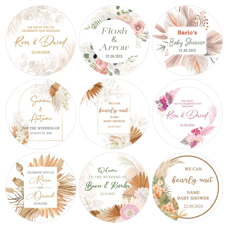 

Custom Wedding Stickers Thank You Label Personalized Design Baptism Birthday Gift Box Seal Sticker Your Label Pampas Grass Decor