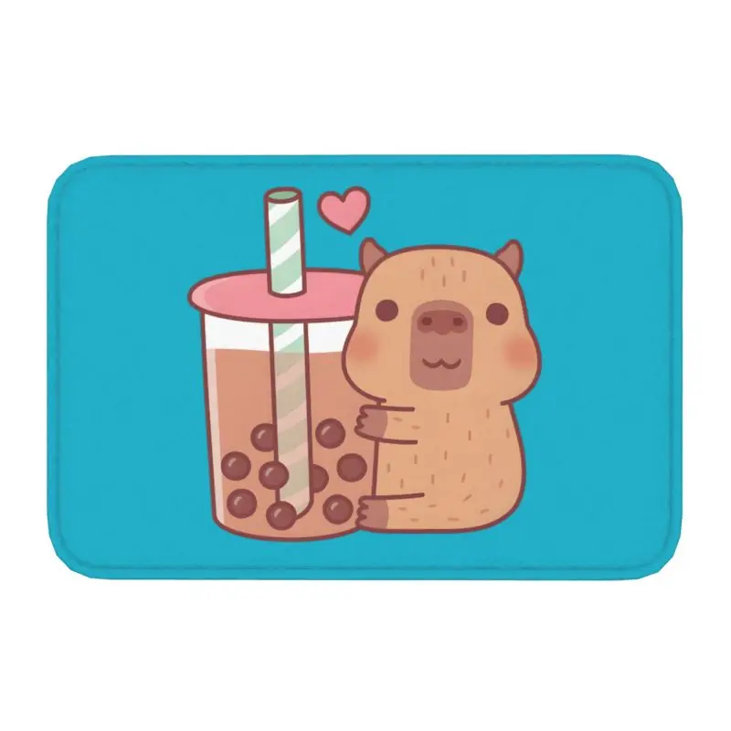 Custom Cute Little Capybara Hugs Bubble Tea Doormat Non-Slip Entrance Kitchen Bathroom Door Floor Mats Toilet Carpet Rug