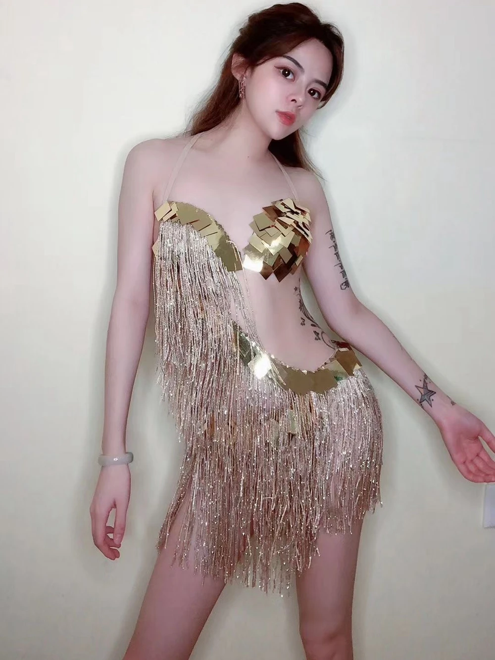 Robe à Franges et Paillettes Dorées pour Femme, Tenue de Discothèque, Costume de Scène, d'Anniversaire, Sexy, Vêtements de Pôle brev