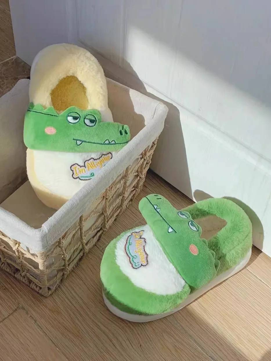 Funny Cute Crocodile Cotton Slippers Women's Winter New Comfortable Plush Home Slippers Anti Slip Fun Crocodile Cotton Slipper